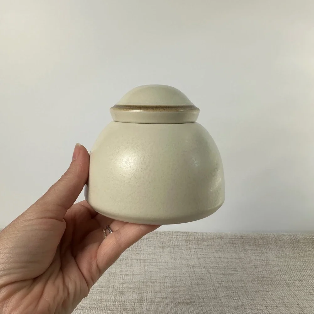 Dansk Santiago White Lidded Sugar Bowl | Cream Beige Ceramic Tan Trim